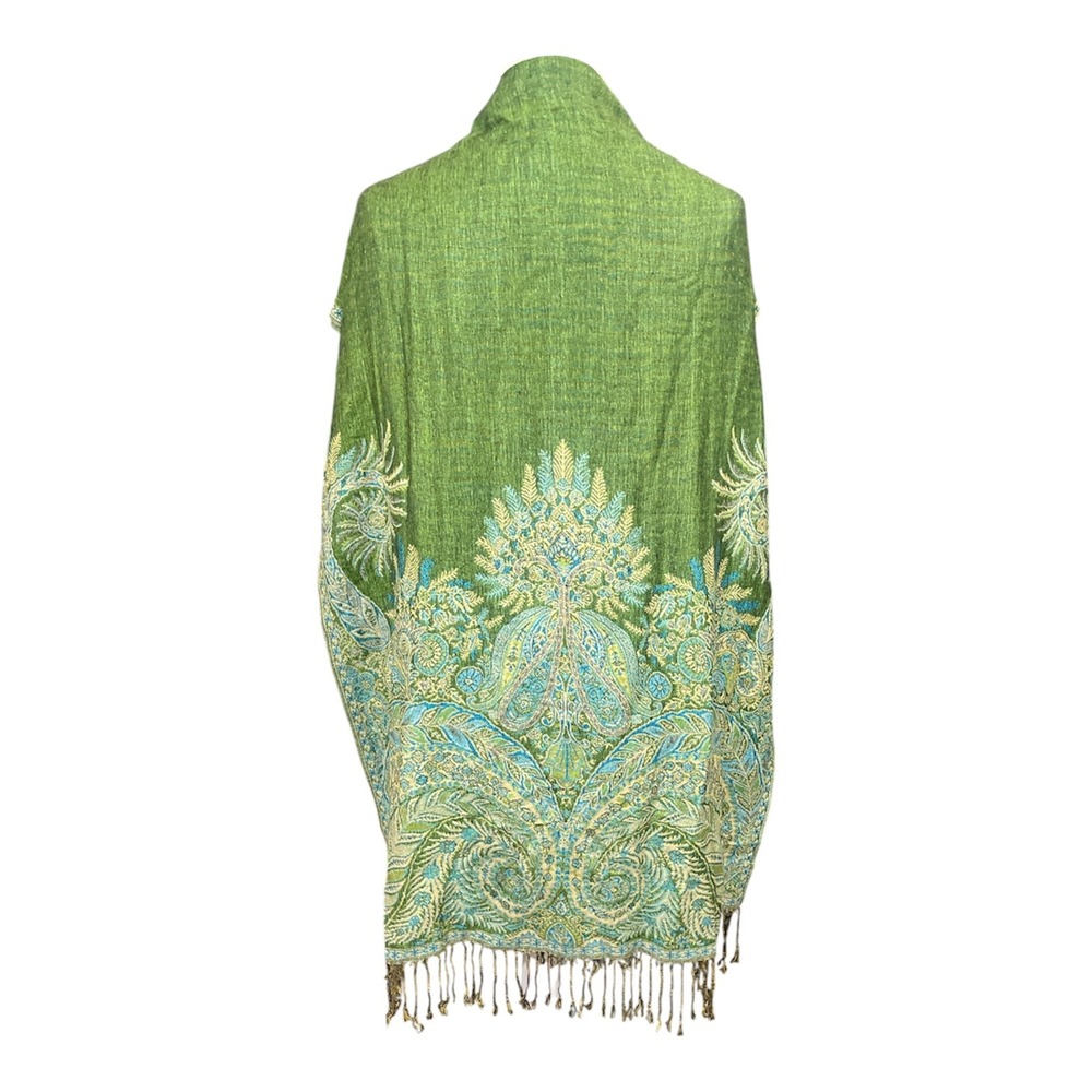 Pashmina Silk Blend Boho Shawl Scarf Womens Green Paisley Fringe Wrap Whimsical